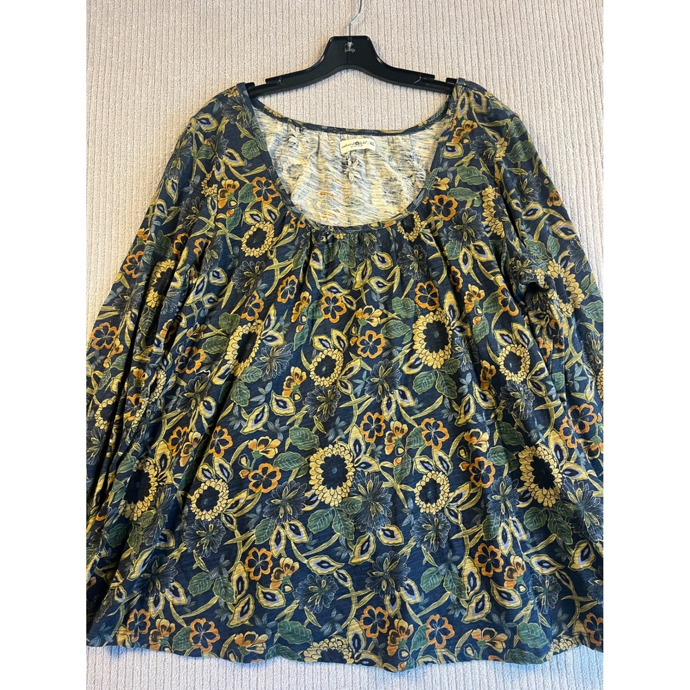 Natural Life Top Womens XL Blue Sunflower Floral Long Sleeve Cotton Boho EUC